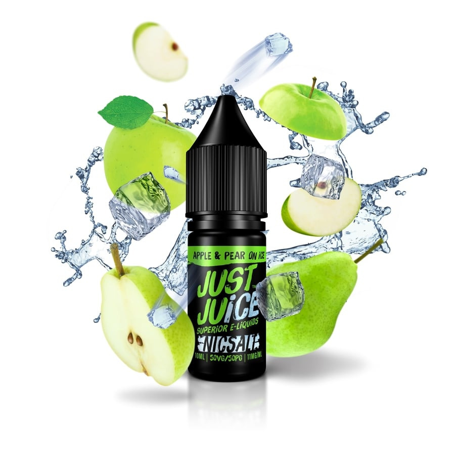 A picture of a bottle of E-liquid with ice and apples